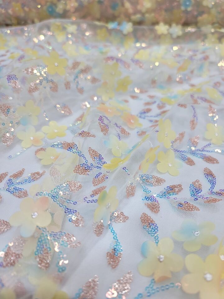 Yellow 3D Flowers/Floral Iridescent Sequins Embroidered Lace Fabric By The Yard