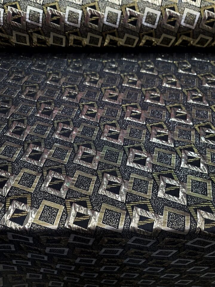 Black Gold Brocade Fabric By the Yard - Geometric Pattern - Ideal for Dressmaking and Upholstery - 60 Inches Wide