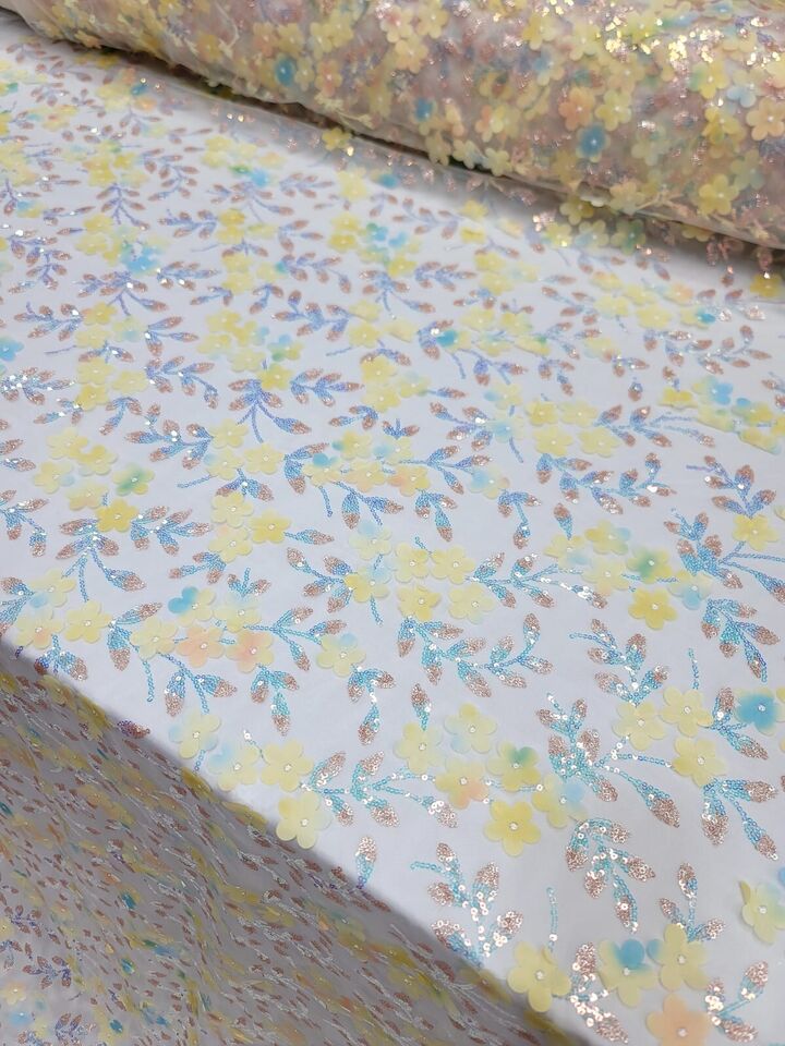 Yellow 3D Flowers/Floral Iridescent Sequins Embroidered Lace Fabric By The Yard