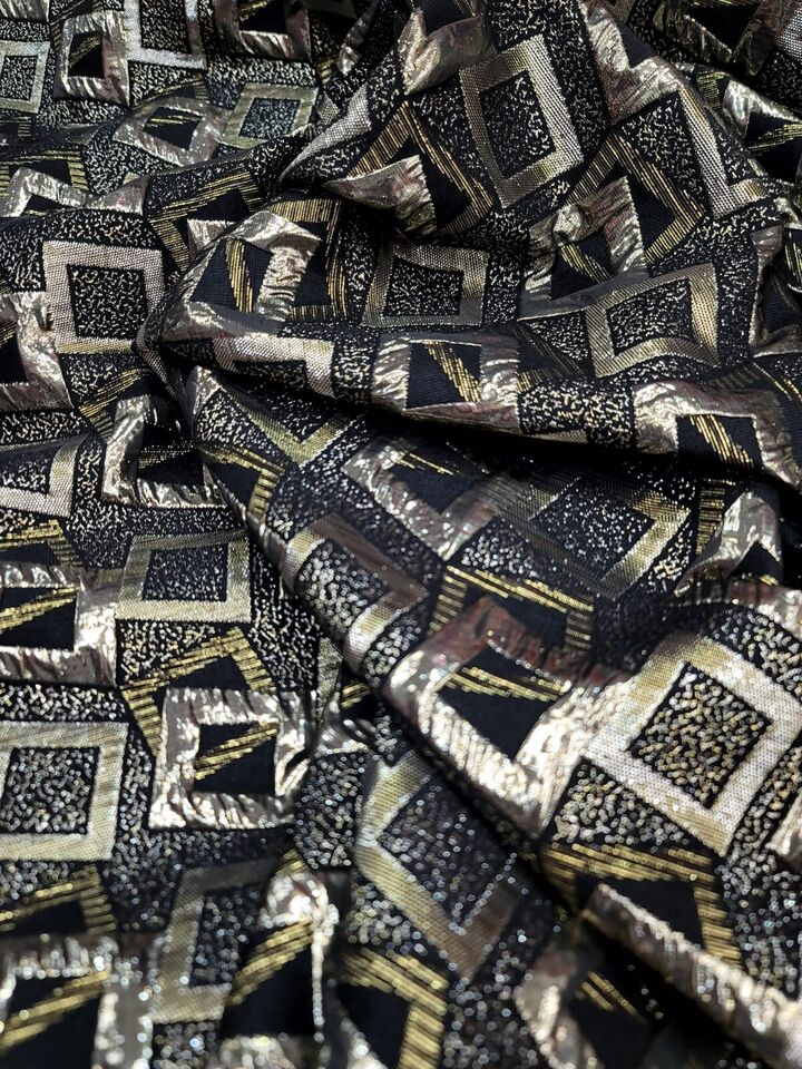 Black Gold Brocade Fabric By the Yard - Geometric Pattern - Ideal for Dressmaking and Upholstery - 60 Inches Wide