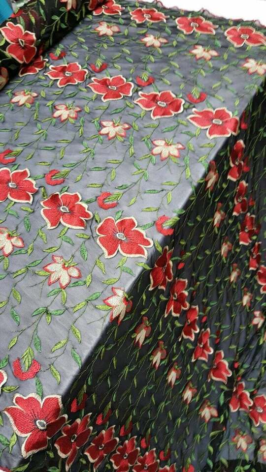 Red Floral Flowers Lace on Black Stretch Mesh Prom Fabric - Sold by the Yard - Ideal for Gowns and Elegant Attire