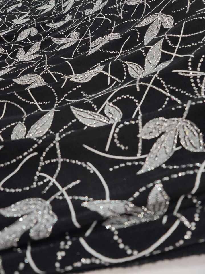 Silver Glitter Floral Flower Black Spandex Fabric By the Yard - Elegant Crafting Material on Black Background
