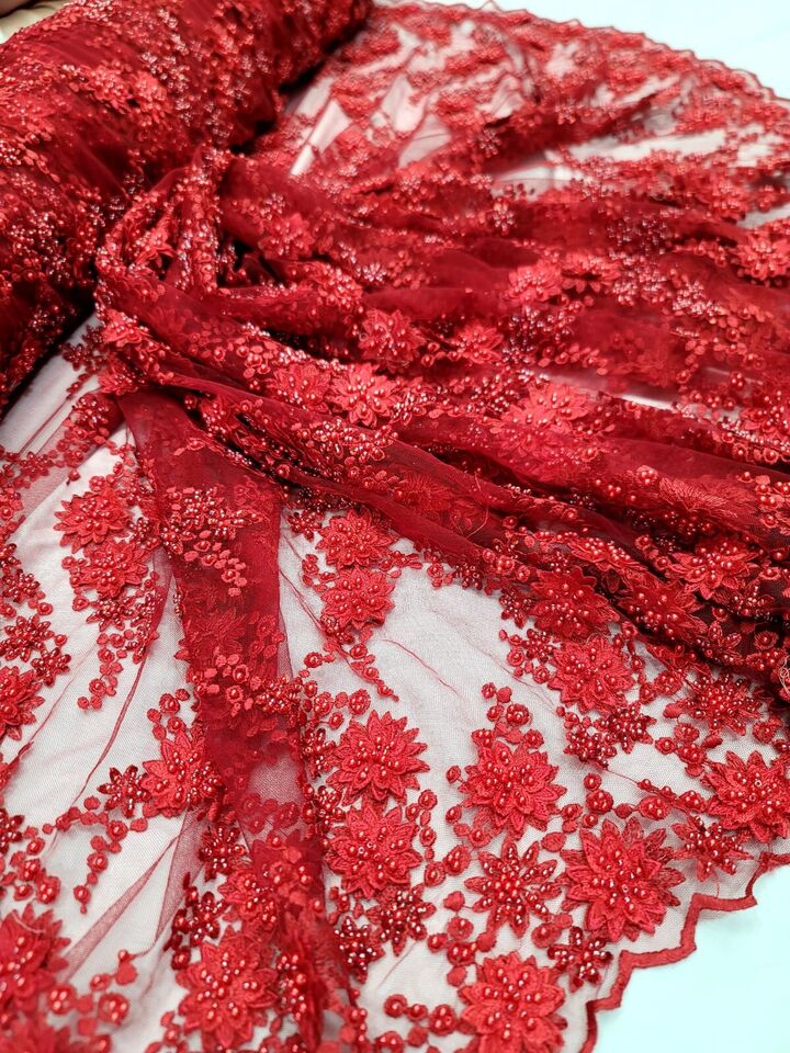 Lace Fabric Red 3D Flower Beaded Bridal Wedding Dress Fabric Sold By The Yard