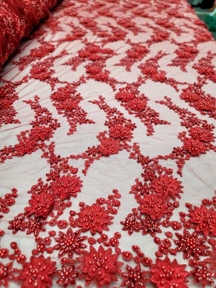 Lace Fabric Red 3D Flower Beaded Bridal Wedding Dress Fabric Sold By The Yard