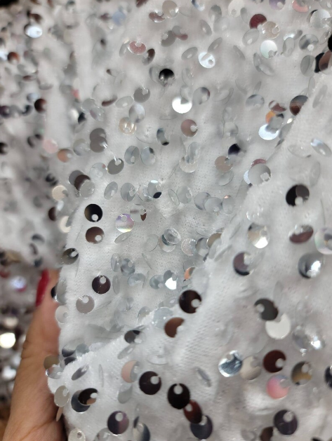 White Velvet Fabric Sold by Yard Embroidery Silver Sequin Gown Quinceañera Gorgeous Decoration Draping Backdrop