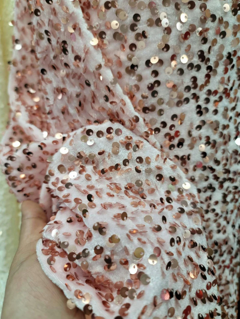 Rose Gold Sequin On Stretch Pink Velvet Fabric By The Yard Gown Quinceañera Bridal Decoration Draping Backdrop