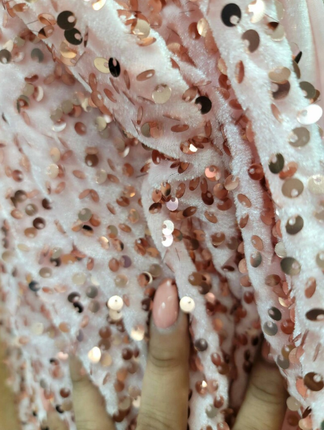 Rose Gold Sequin On Stretch Pink Velvet Fabric By The Yard Gown Quinceañera Bridal Decoration Draping Backdrop