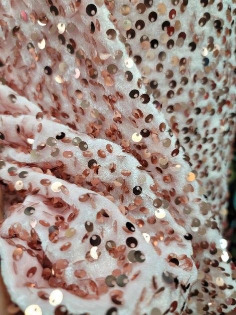 Rose Gold Sequin On Stretch Pink Velvet Fabric By The Yard Gown Quinceañera Bridal Decoration Draping Backdrop