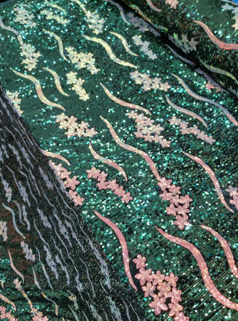 Emerald Green Sequin On Velvet Iridescent Sequin Hologram Embroidery Fabric By The Yard Gown Quinceañera Bridal Prom