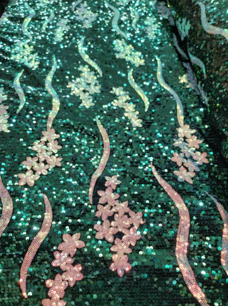 Emerald Green Sequin On Velvet Iridescent Sequin Hologram Embroidery Fabric By The Yard Gown Quinceañera Bridal Prom