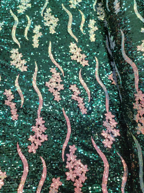 Emerald Green Sequin On Velvet Iridescent Sequin Hologram Embroidery Fabric By The Yard Gown Quinceañera Bridal Prom