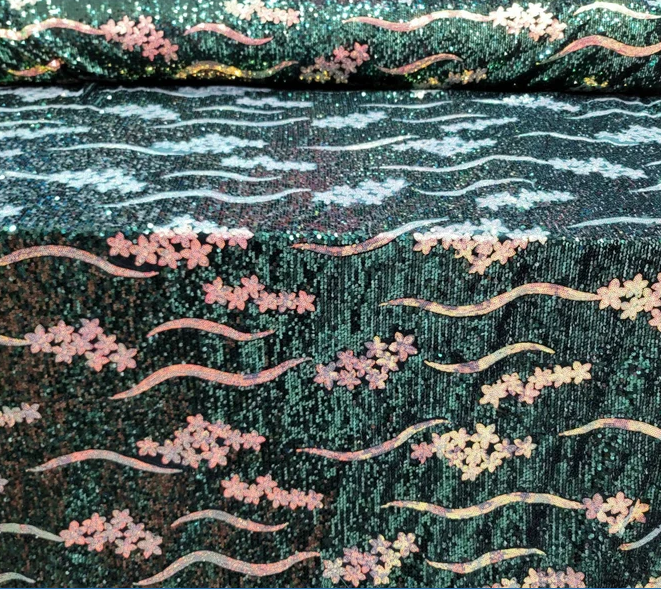 Emerald Green Sequin On Velvet Iridescent Sequin Hologram Embroidery Fabric By The Yard Gown Quinceañera Bridal Prom