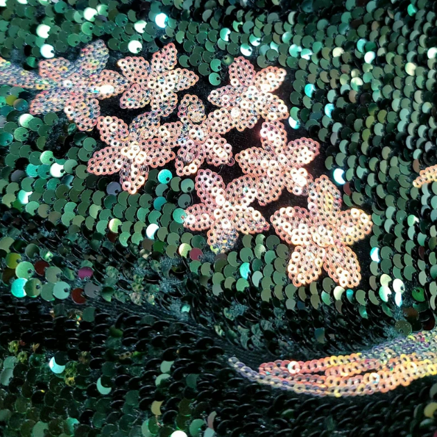 Emerald Green Sequin On Velvet Iridescent Sequin Hologram Embroidery Fabric By The Yard Gown Quinceañera Bridal Prom