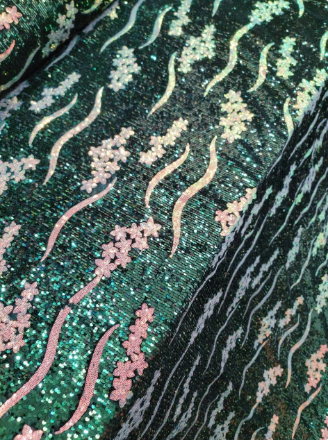 Emerald Green Sequin On Velvet Iridescent Sequin Hologram Embroidery Fabric By The Yard Gown Quinceañera Bridal Prom
