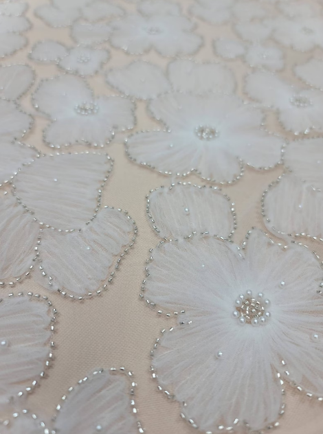 Lace Fabric By The Yard Beaded White Bridal Lace Floral 3D Tulle Embroidery Floral Pearls