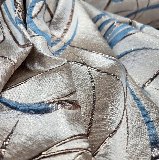 Blue Brocade Geometric Copper Metallic Textured France Jacquard Fabric Sold By The Yard Gown Quinceañera Bridal Evening Dress Decoration