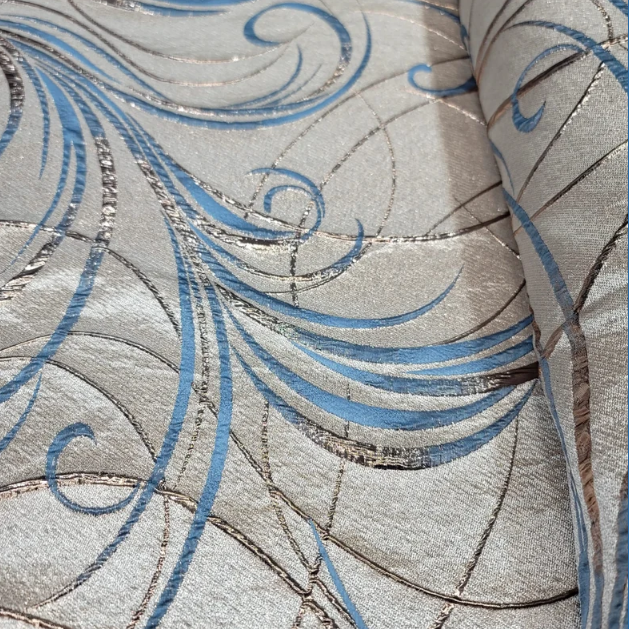 Blue Brocade Geometric Copper Metallic Textured France Jacquard Fabric Sold By The Yard Gown Quinceañera Bridal Evening Dress Decoration