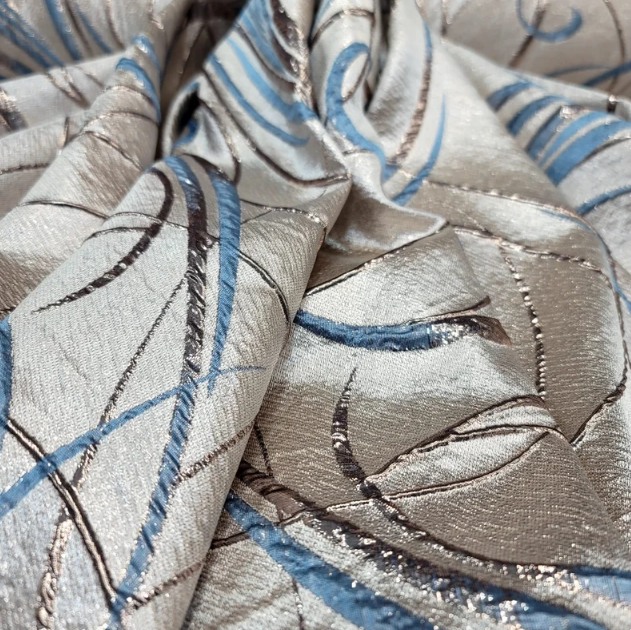 Blue Brocade Geometric Copper Metallic Textured France Jacquard Fabric Sold By The Yard Gown Quinceañera Bridal Evening Dress Decoration