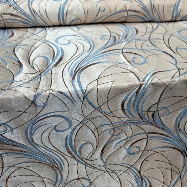 Blue Brocade Geometric Copper Metallic Textured France Jacquard Fabric Sold By The Yard Gown Quinceañera Bridal Evening Dress Decoration