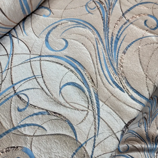 Blue Brocade Geometric Copper Metallic Textured France Jacquard Fabric Sold By The Yard Gown Quinceañera Bridal Evening Dress Decoration