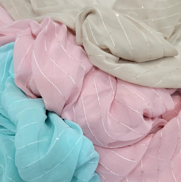 Chiffon Fabric Sold By The Yard Embroidery Clear Sequins Striped Fashion Sheer Fabric Fashion Flowy