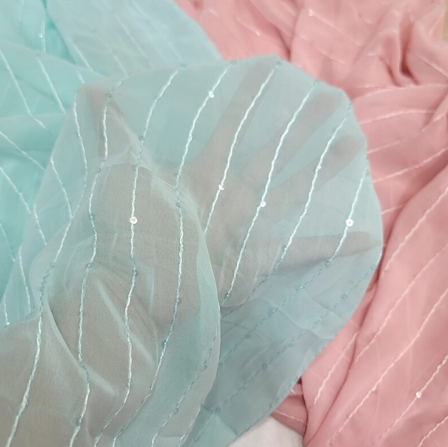Chiffon Fabric Sold By The Yard Embroidery Clear Sequins Striped Fashion Sheer Fabric Fashion Flowy
