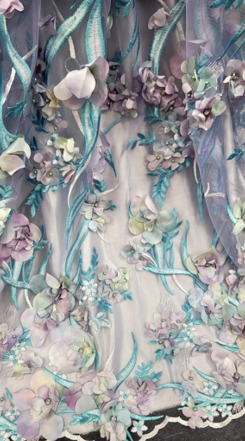 Multicolor Beaded Lace 3d Floral Flowers Pearls On Mesh Fabric Sold By The Yard Lavender Gray Blush