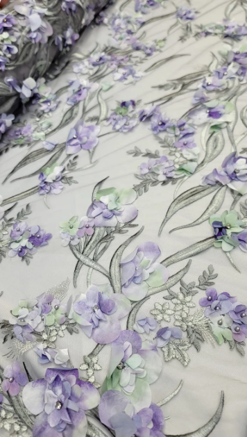 Multicolor Beaded Lace 3d Floral Flowers Pearls On Mesh Fabric Sold By The Yard Lavender Gray Blush