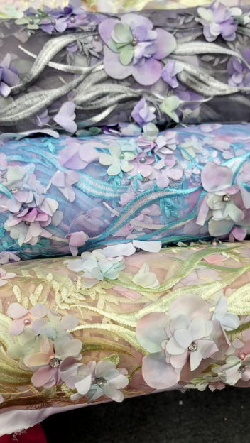 Multicolor Beaded Lace 3d Floral Flowers Pearls On Mesh Fabric Sold By The Yard Lavender Gray Blush