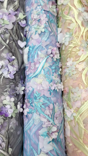 Multicolor Beaded Lace 3d Floral Flowers Pearls On Mesh Fabric Sold By The Yard Lavender Gray Blush