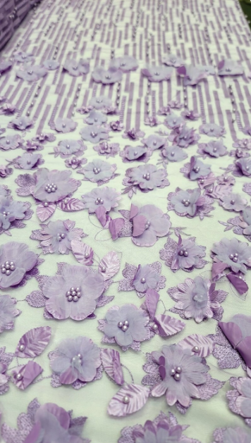 3D Floral Lavander Embroidery Pearls On Mesh Lace Sold By The Yard