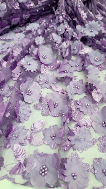 3D Floral Lavander Embroidery Pearls On Mesh Lace Sold By The Yard
