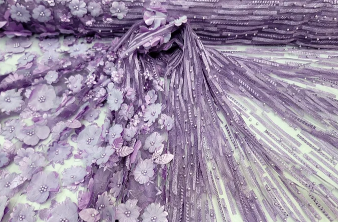 3D Floral Lavander Embroidery Pearls On Mesh Lace Sold By The Yard