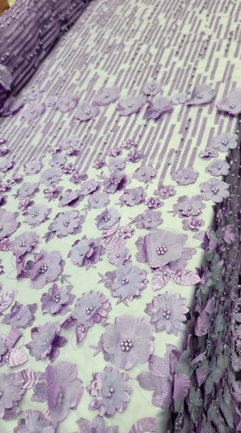 3D Floral Lavander Embroidery Pearls On Mesh Lace Sold By The Yard