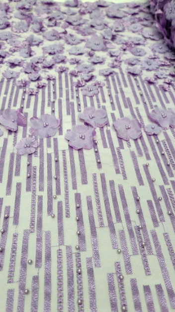3D Floral Lavander Embroidery Pearls On Mesh Lace Sold By The Yard