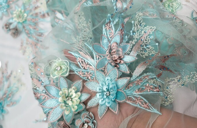 3d Floral Lace Embroidery Rhinestones Blush Flowers Fabric By The Yard Mint Prom Bridal Lace