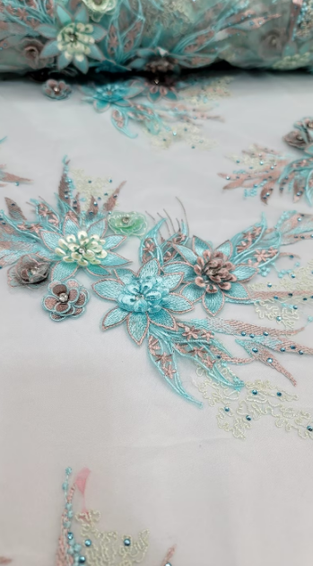 3d Floral Lace Embroidery Rhinestones Blush Flowers Fabric By The Yard Mint Prom Bridal Lace