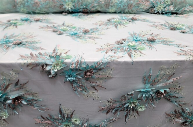 3d Floral Lace Embroidery Rhinestones Blush Flowers Fabric By The Yard Mint Prom Bridal Lace