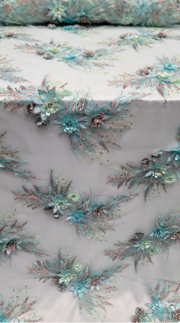 3d Floral Lace Embroidery Rhinestones Blush Flowers Fabric By The Yard Mint Prom Bridal Lace