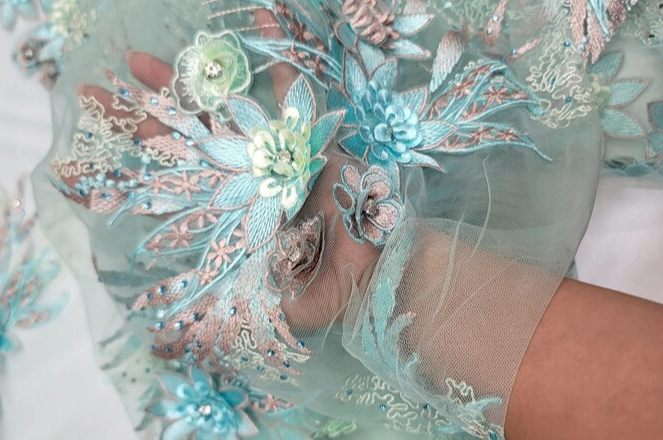 3d Floral Lace Embroidery Rhinestones Blush Flowers Fabric By The Yard Mint Prom Bridal Lace