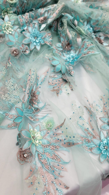 3d Floral Lace Embroidery Rhinestones Blush Flowers Fabric By The Yard Mint Prom Bridal Lace