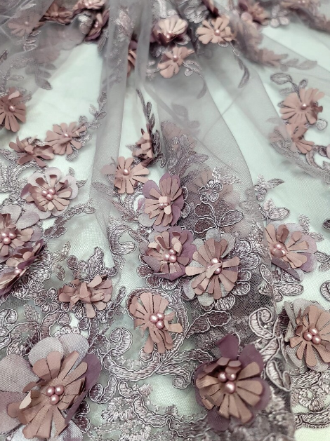Lace 3d Floral Flowers Embroidered Pearls On Mesh Fabric Sold By The Yard