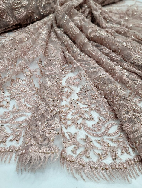 Pink Blush Beaded Lace Embroidery Sequins Victorian Pattern On Mesh Prom Fabric Sold by the Yard Sequin Pink Quinceañera Bridal Lace