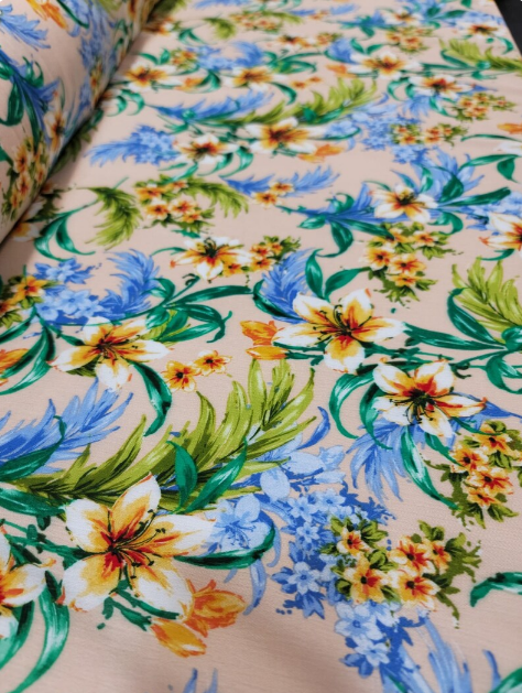 Tropical Paradise 100% Rayon Fabric with Flower Prints on Beige Background Inspiring Summer Vibes