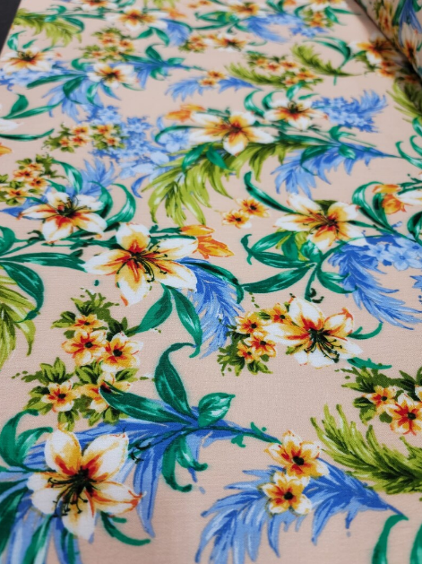 Tropical Paradise 100% Rayon Fabric with Flower Prints on Beige Background Inspiring Summer Vibes