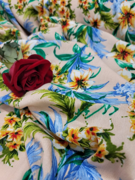 Tropical Paradise 100% Rayon Fabric with Flower Prints on Beige Background Inspiring Summer Vibes
