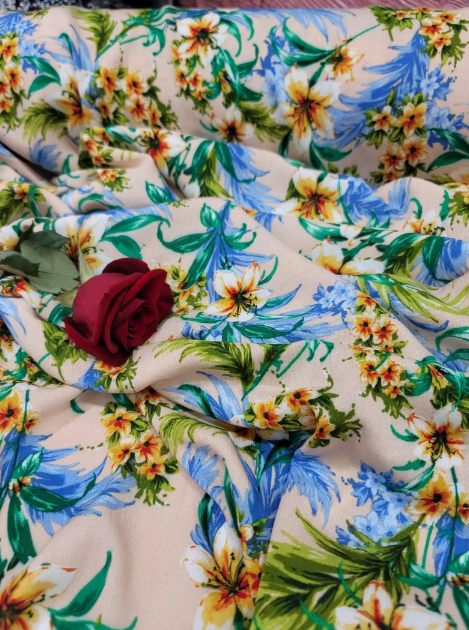 Tropical Paradise 100% Rayon Fabric with Flower Prints on Beige Background Inspiring Summer Vibes