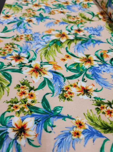 Tropical Paradise 100% Rayon Fabric with Flower Prints on Beige Background Inspiring Summer Vibes