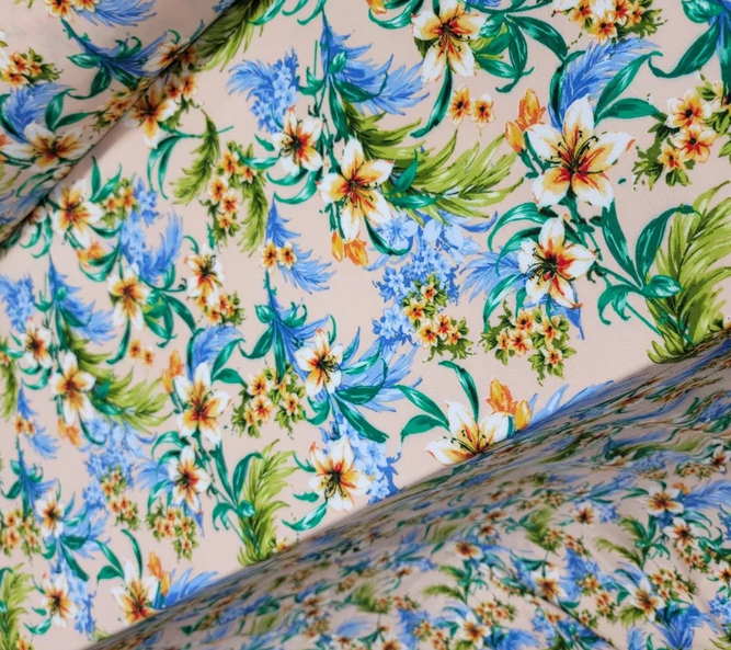 Tropical Paradise 100% Rayon Fabric with Flower Prints on Beige Background Inspiring Summer Vibes