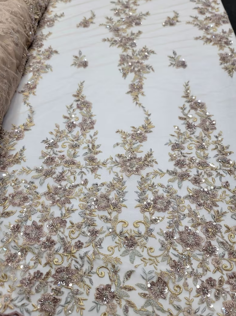 Enchanting Gold Mauve Floral Lace Beads Fabric by the Yard - Perfect for Prom and Bridal Elegance